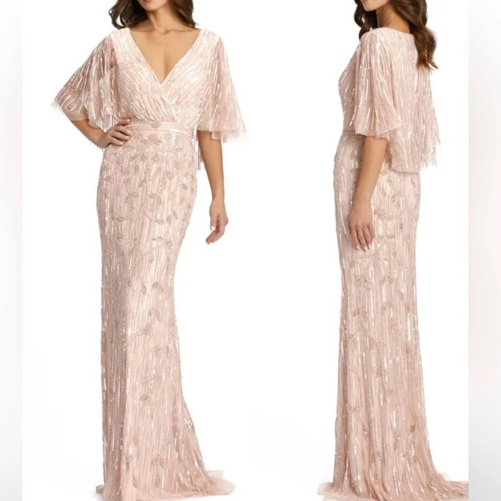 New Mac Duggal 9064 Sequined V Neck Sheath Blush Pink Sleeved Maxi Formal dress